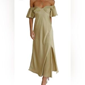 Elegant Butterfly Sleeve Split Cocktail Prom Midi Dresses Olive Large